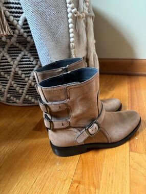 Franco Sarto Taupe Suede Buckle Short Boots